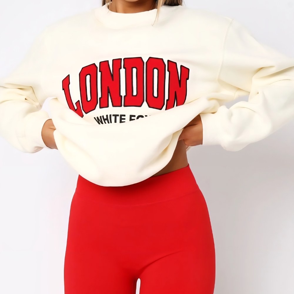 White Fox Boutique Cream Sweatshirt with Red 'London' Print